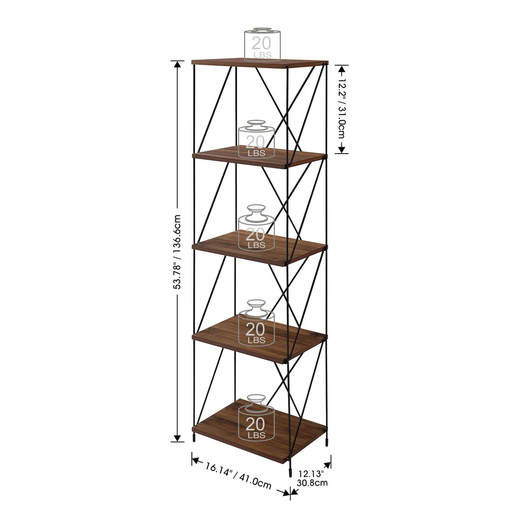 5-Tier Walnut Brown Wooden Storage Shelf with Metal Frame Y738737