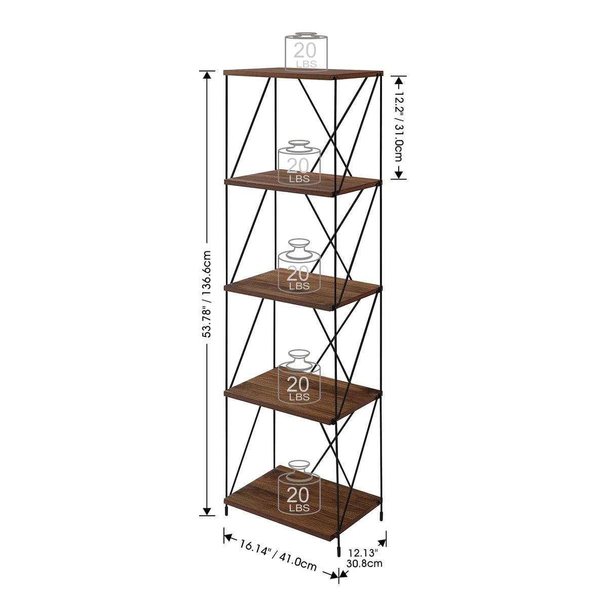 5-Tier Walnut Brown Wooden Storage Shelf with Metal Frame Y738737