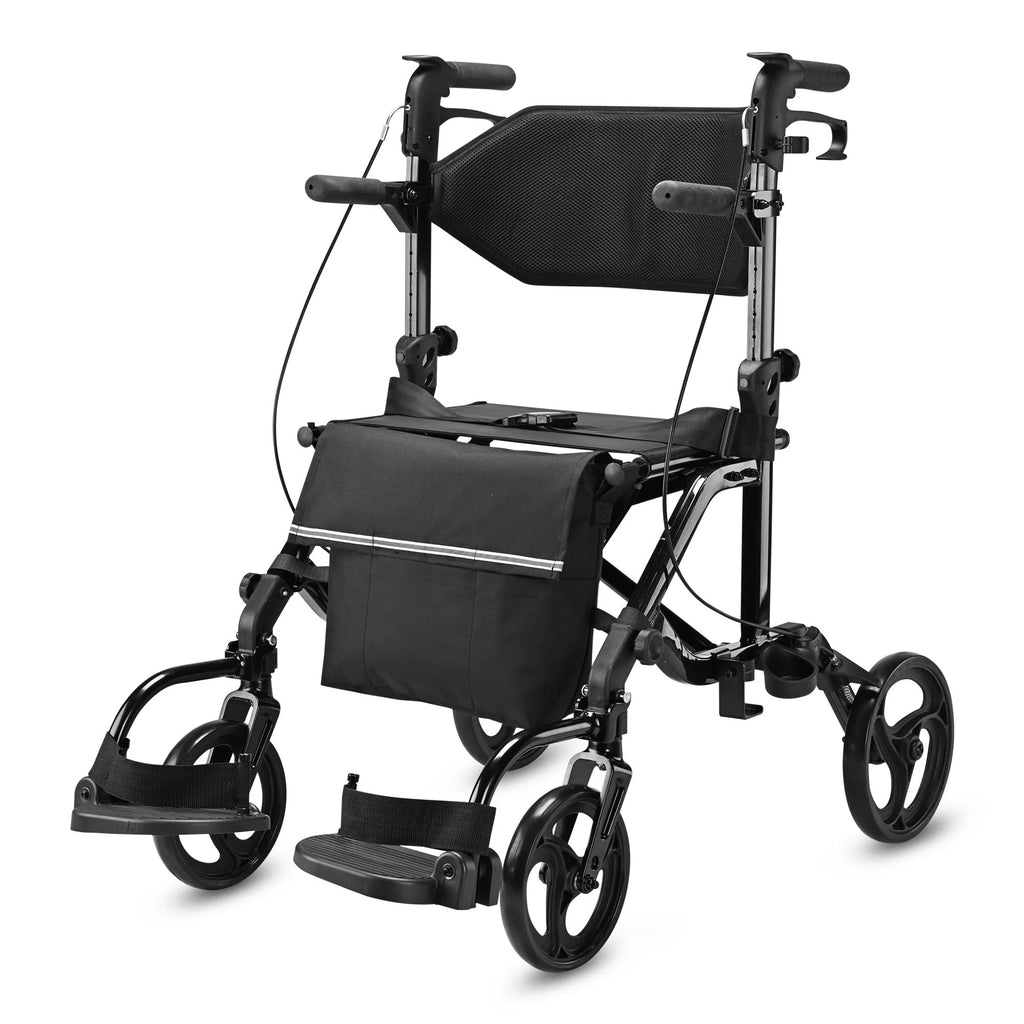 2 in 1 Rollator Walker Transport Wheelchair with Backrest Footrests Foldable Black O197