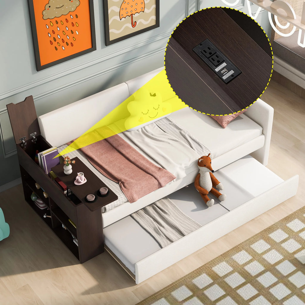 Beige Twin Size Upholstery Daybed with Trundle F21618