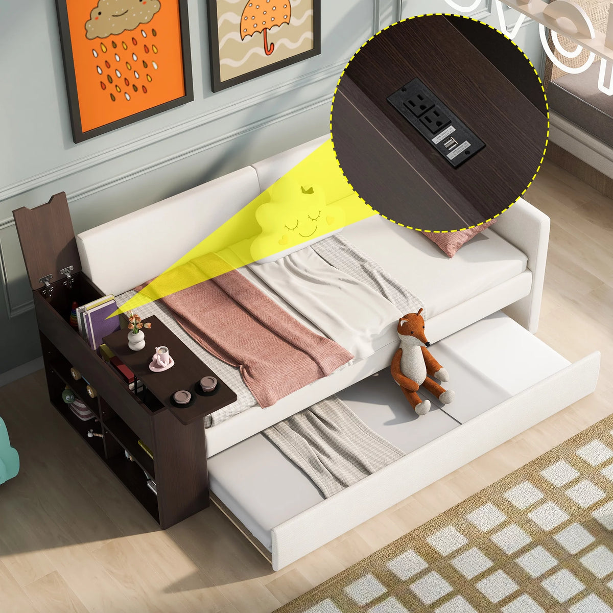 Beige Twin Size Upholstery Daybed with Trundle F21618