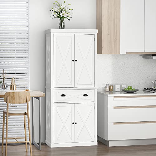 White Kitchen Pantry Storage Cabinet with 4 Doors and 3 Adjustable Shelves H385626
