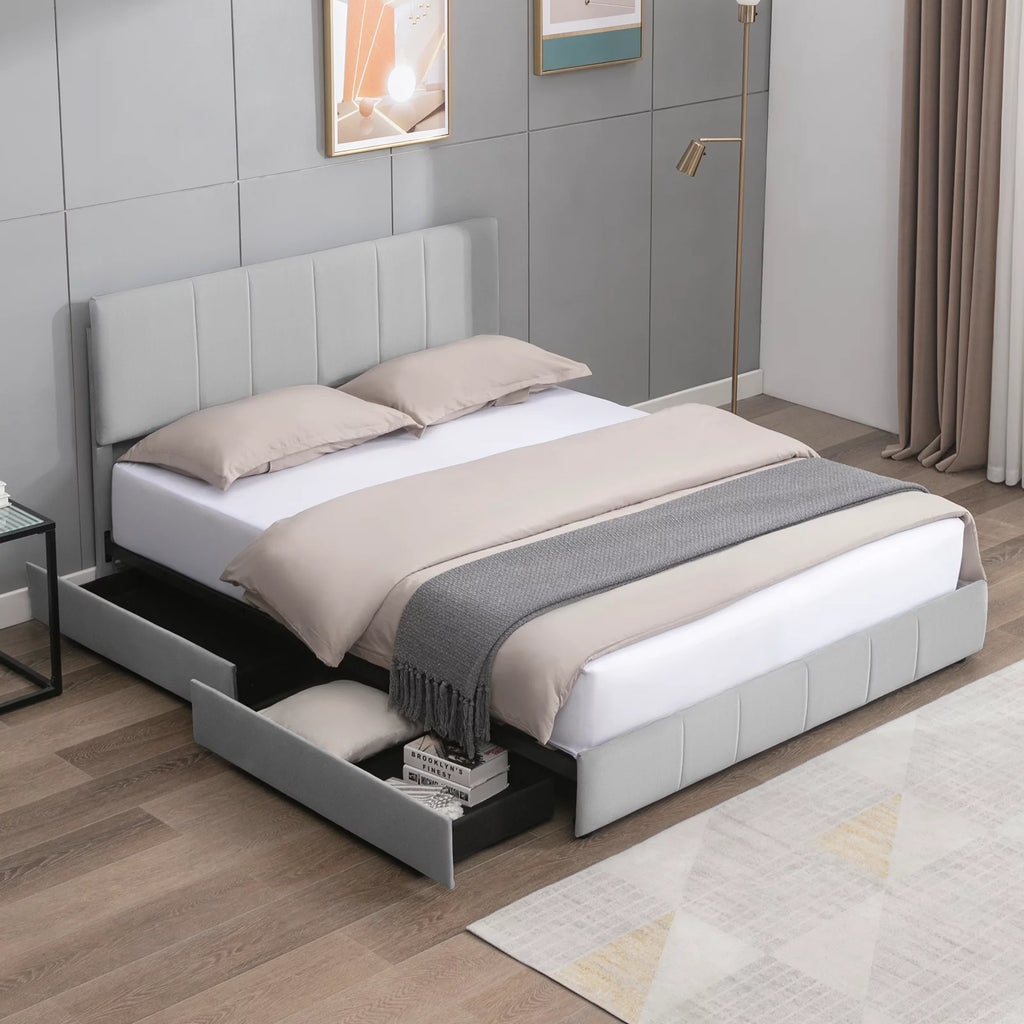 King Size Platform Bed Frame with 4 Storage Drawers and Adjustable Headboard D7569