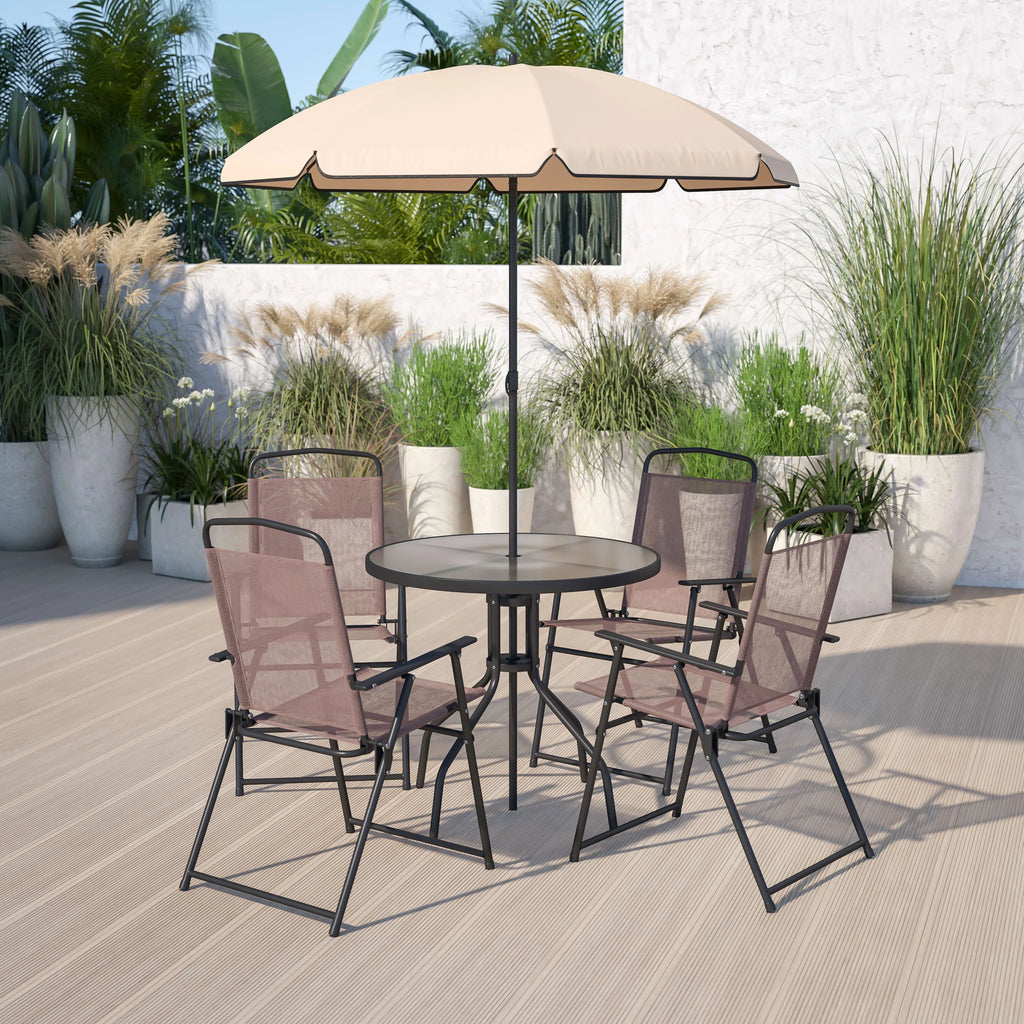 6-Piece Patio Set with Glass Table, Umbrella, and 4 Folding Chairs, Black D615056