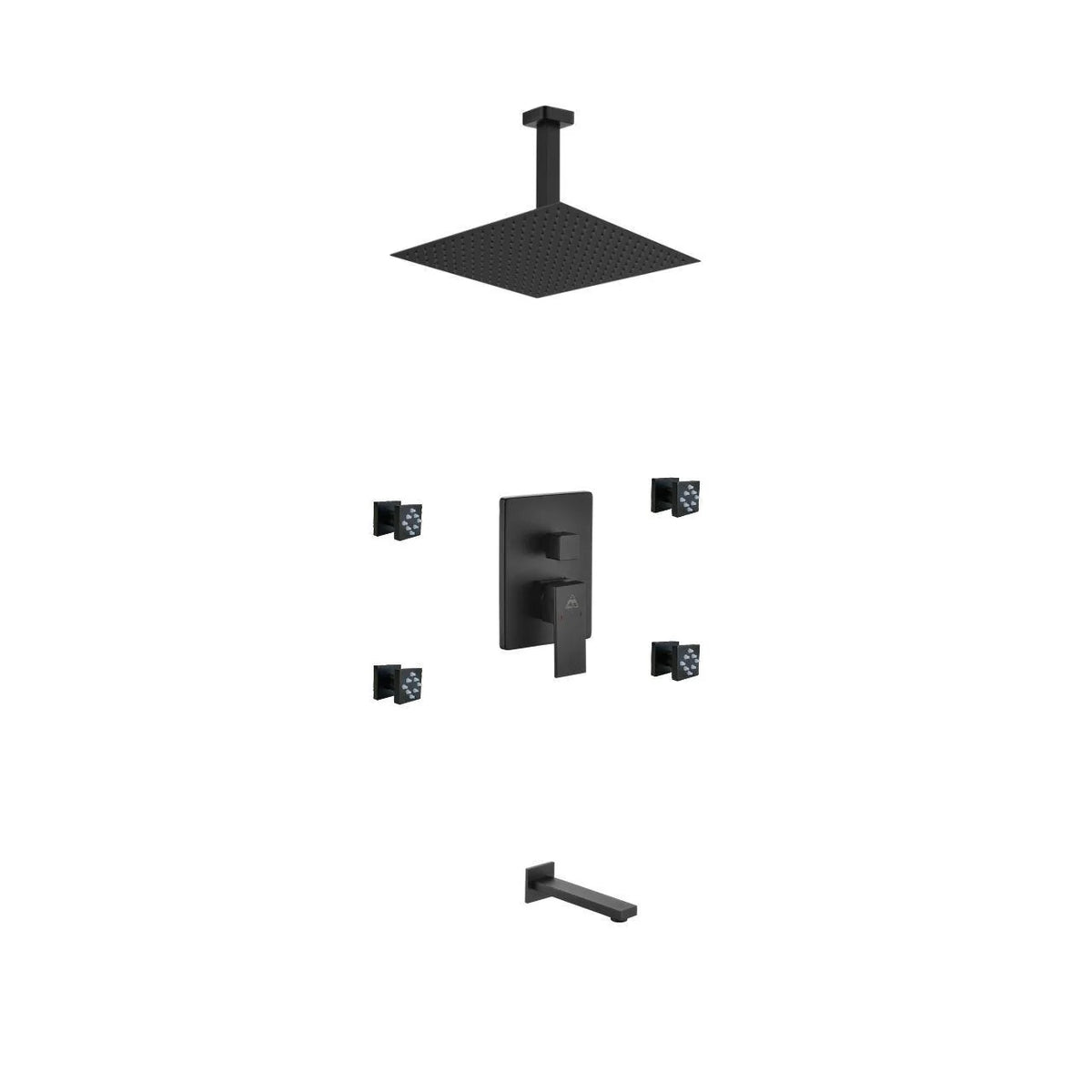 Matte Black Shower Set with Rain Shower, Tub Filler and 4 Body Jets H651