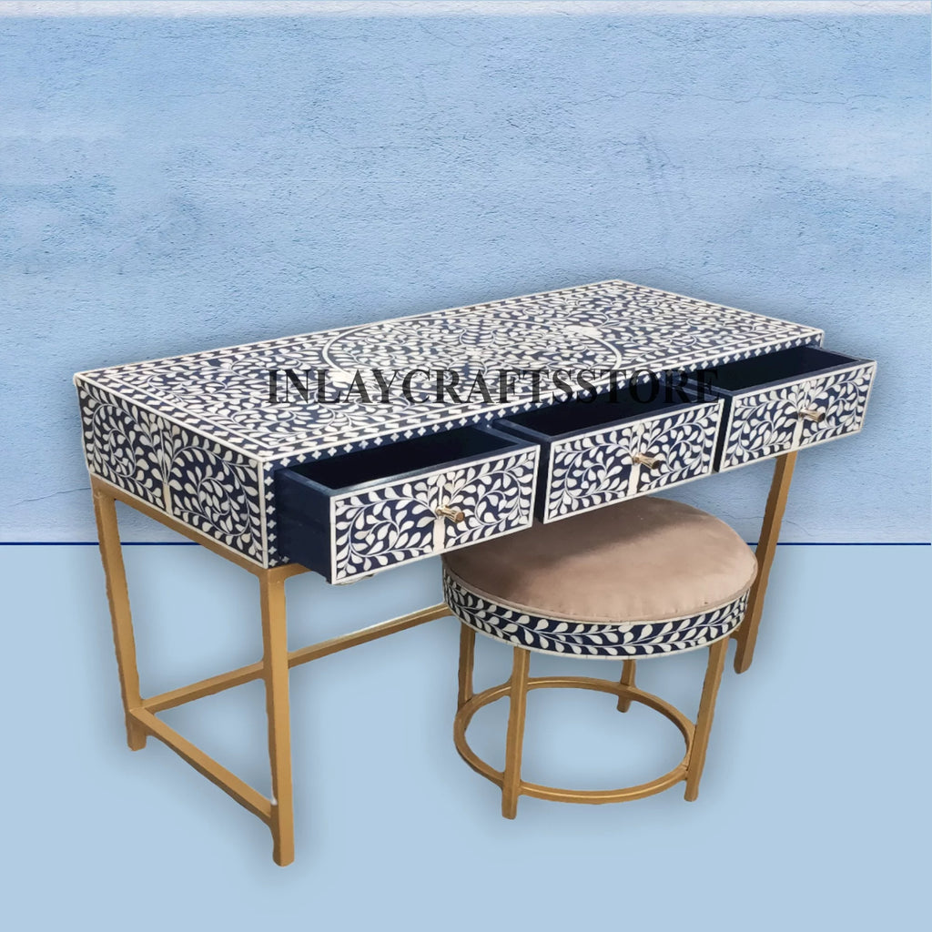 Bone Inlay 3 Drawers Console and Stool Indigo Blue V74347