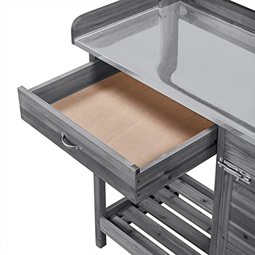 Gray Wooden Potting Bench with Cabinet Drawer B81619