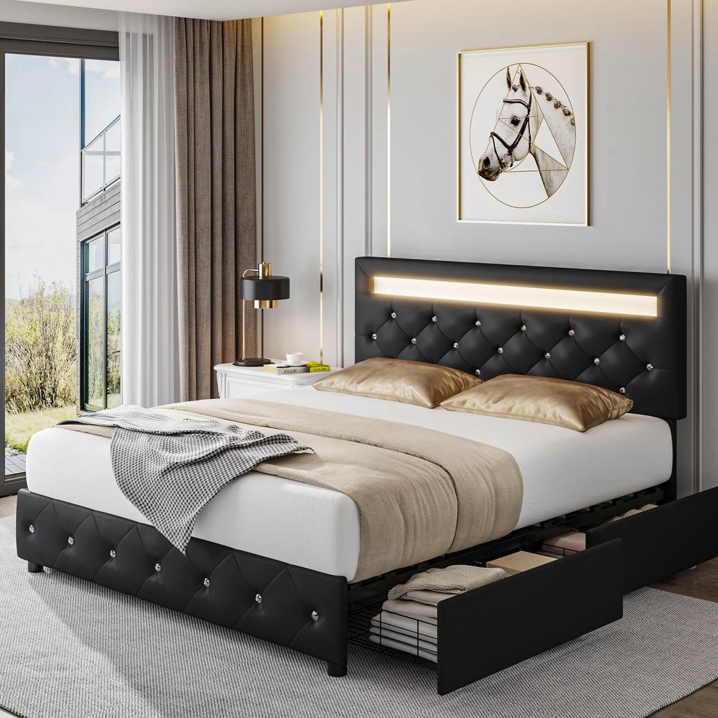 Full LED Bed Frame with 4 Storage Drawer, Upholstered Platform Bed with Adjustable Headboard, Black F7891
