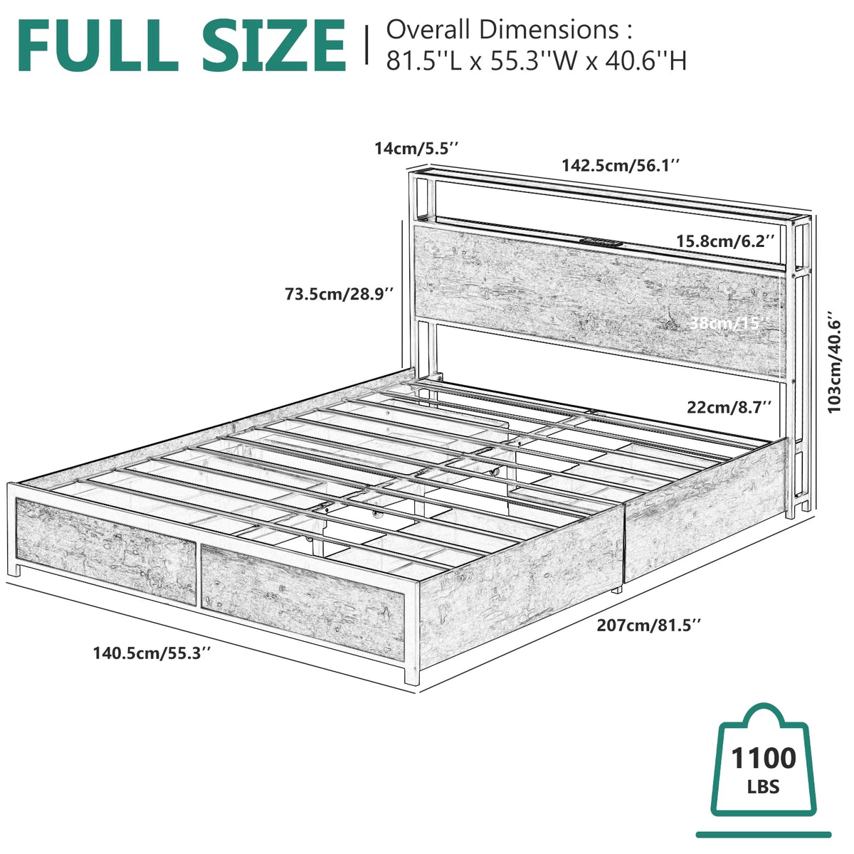 Queen Size LED Metal Bed Frame with 4 Storage Drawers and Headboard W29057
