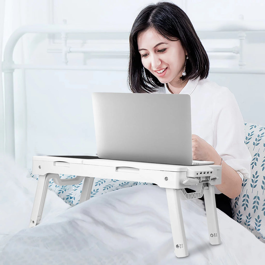 Portable Foldable Laptop Desk Bed Tray with USB Fans White D268479