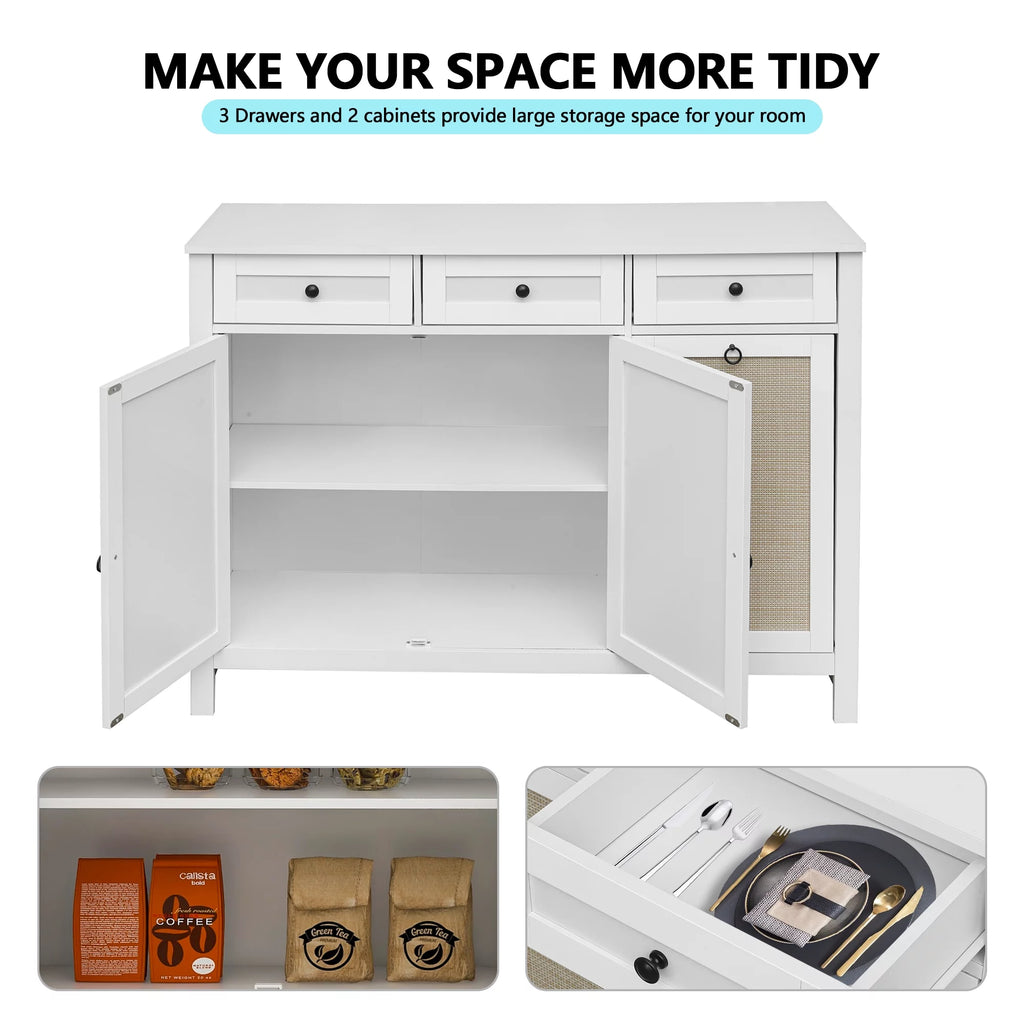 White Rattan Sideboard Buffet Cabinet with 3 Doors and 3 Drawer G827