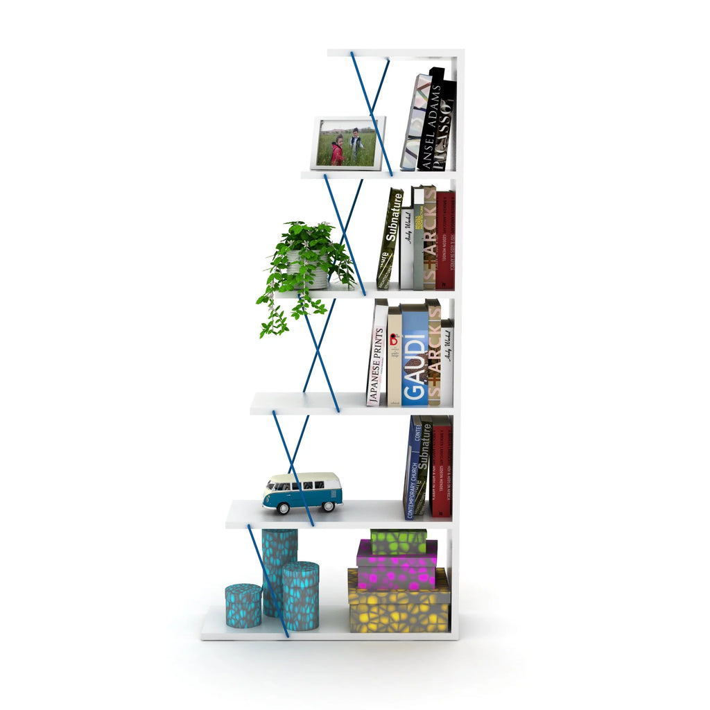 Modern 5 Tier Ladder Bookshelf, White/Blue X206547
