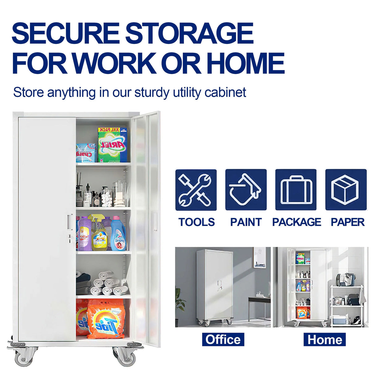 72” Locking Metal Garage Storage Cabinet with Wheels & Pegboards, White N985772