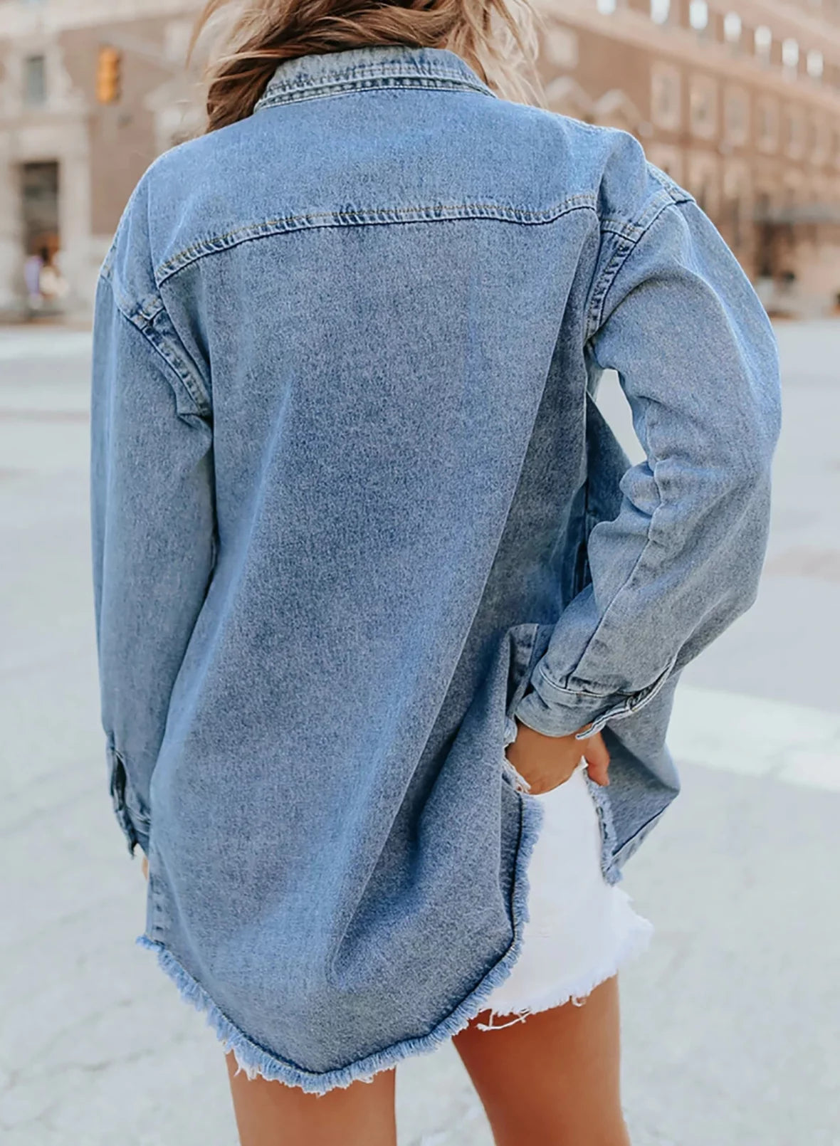 Sky Blue Long Sleeve Loose Denim Jacket R66153