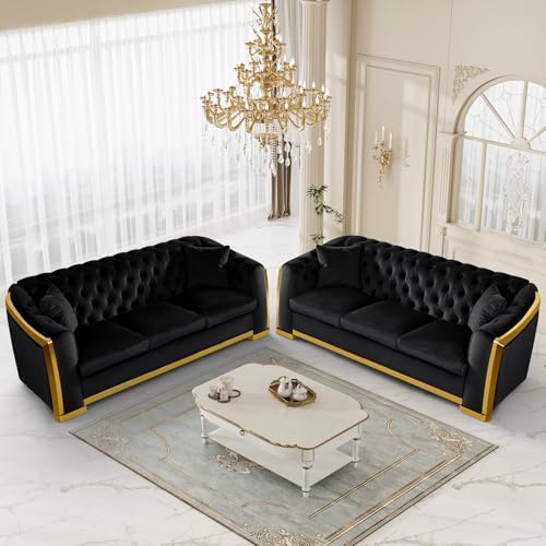 Grey Velvet Tufted Sofa with Gold Legs L158141