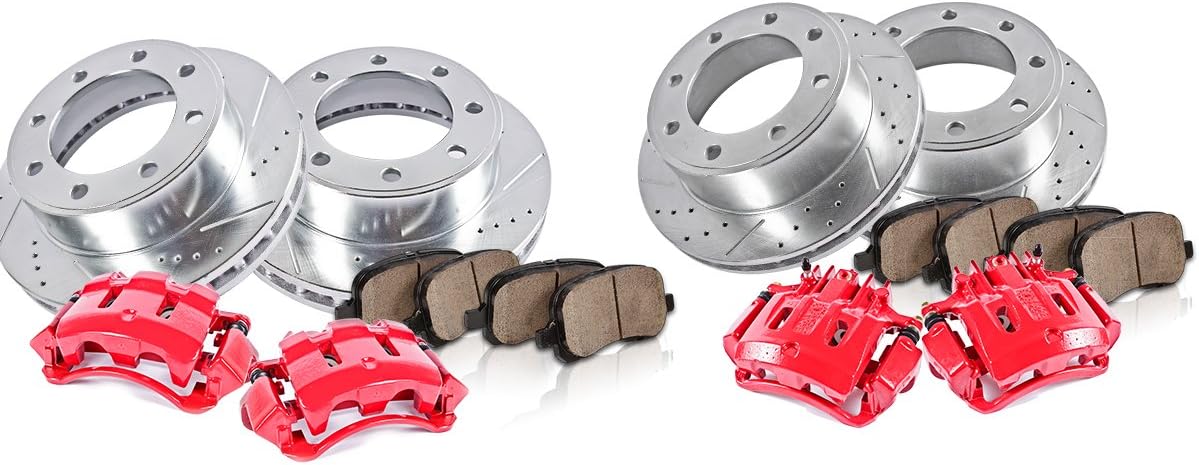 Red Powder Coated Calipers Drilled Slotted Rotors Ceramic Pads W13216
