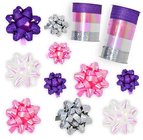 32 Pcs Multi Colored Gift Bows Assortment Set with 8 Curling Ribbon Rolls N41014