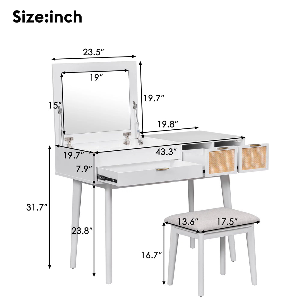 White Wood Makeup Dresser with Flip-top Mirror and Stool A61320