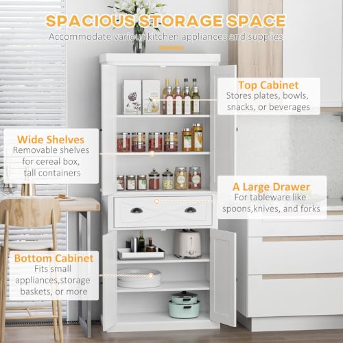 White Kitchen Pantry Storage Cabinet with 4 Doors and 3 Adjustable Shelves H385626