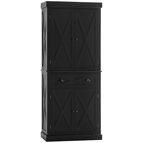 White Kitchen Pantry Storage Cabinet with 4 Doors and 3 Adjustable Shelves H385626