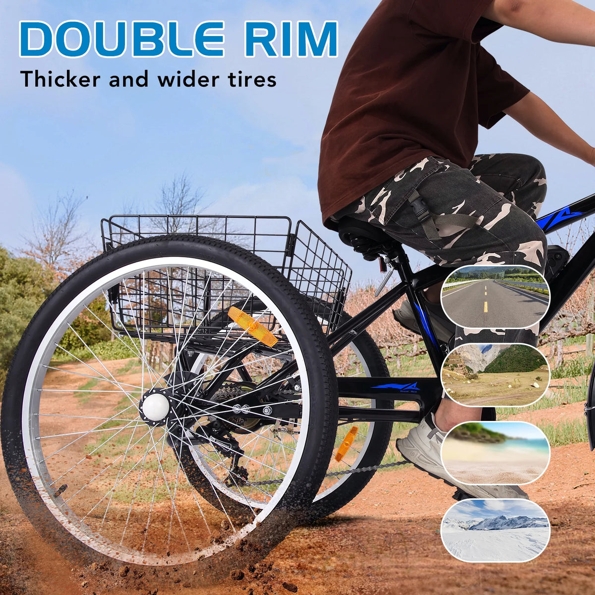 36V 350W 10AH 3 Wheels Fat Tires Electric Tricycle with Rear Basket, Blue W694