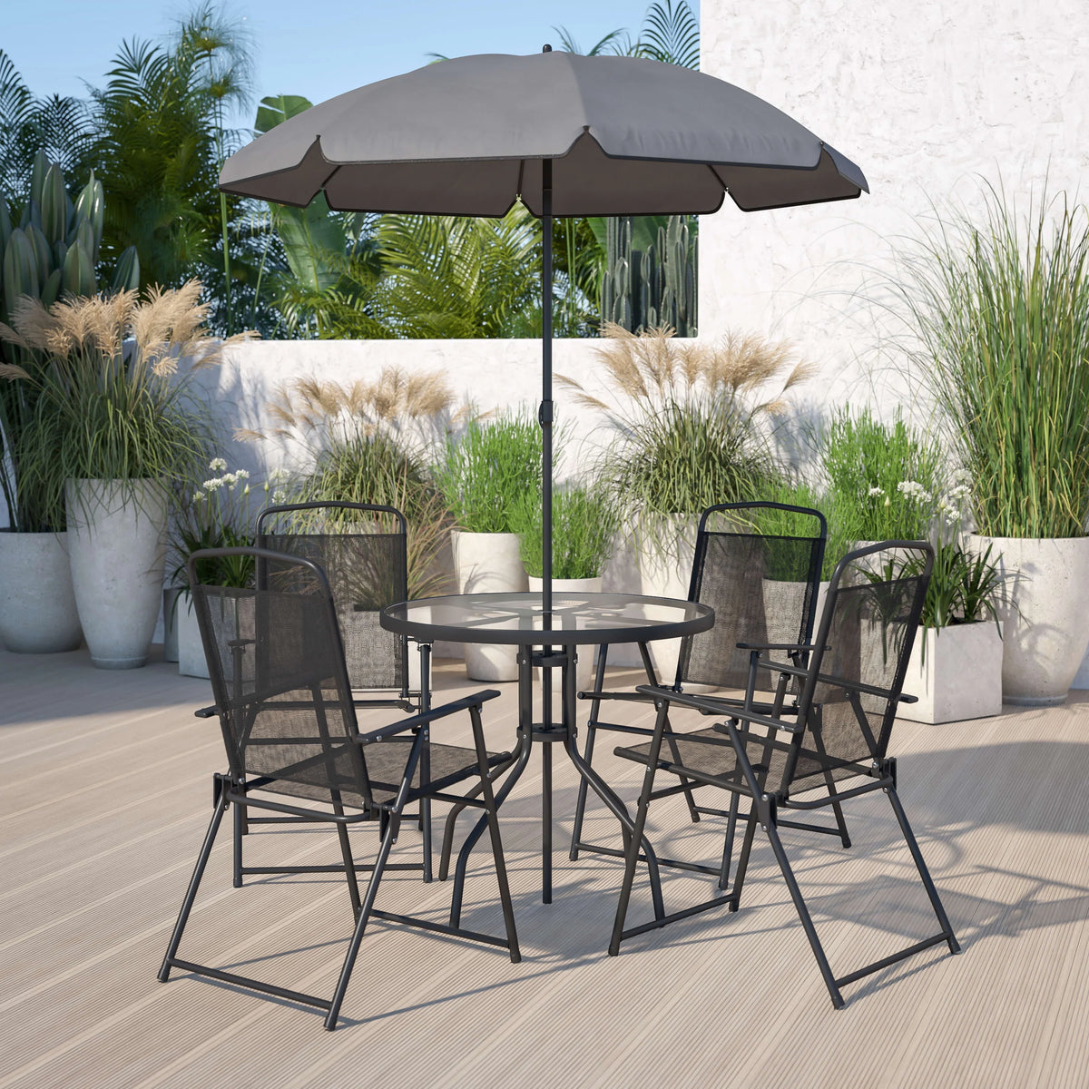6-Piece Patio Set with Glass Table, Umbrella, and 4 Folding Chairs, Black D615056