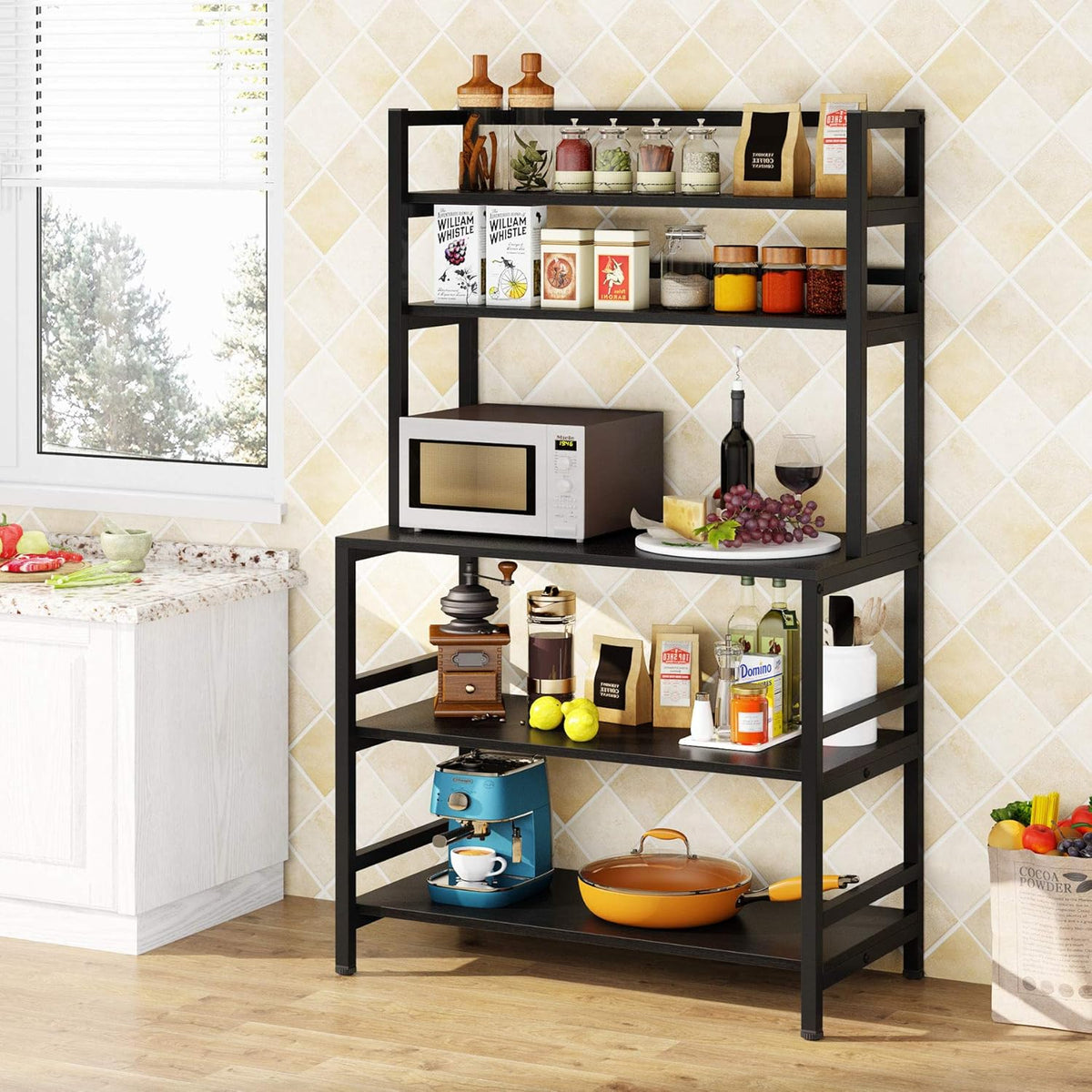 5-Tier Black Kitchen Bakers Rack with Storage and Hutch L54619