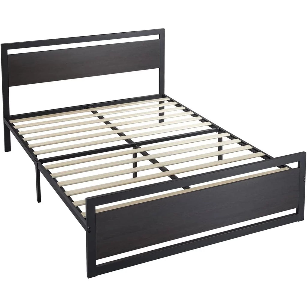 Black Metal Platform Bed Frame with Wood Headboard and Footboard D32304