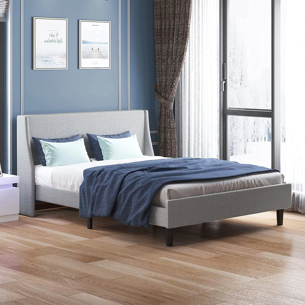King Size Light Gray Linen Upholstered Bed Frame H536782
