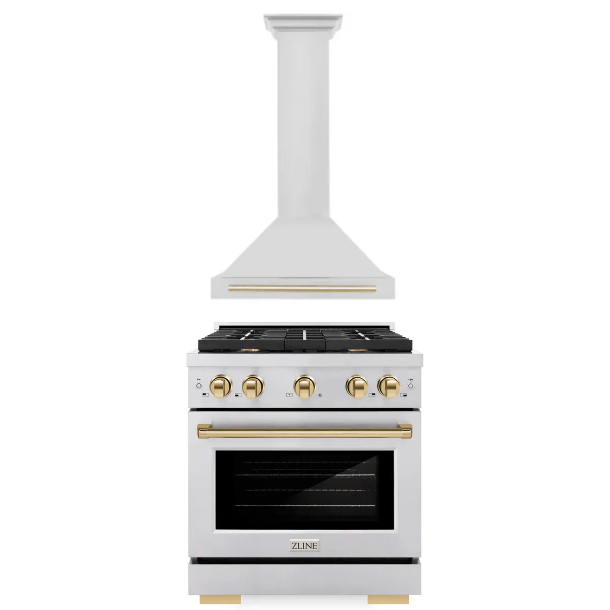 30 In. Gas Range and Range Hood in Stainless Steel with Gold Accents E710