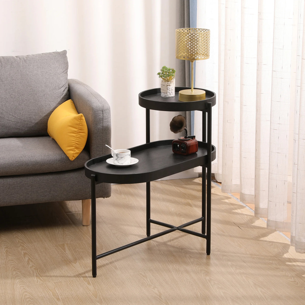 Black 2-Tier Side Table with Storage C935979