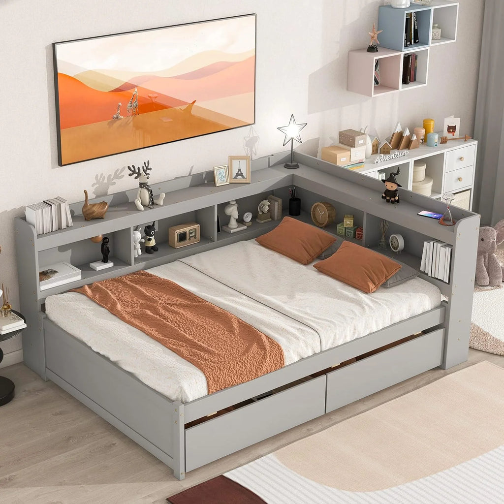 Full Size Wood L-Shape Daybed with Bookcase Headboard and Drawers V224865