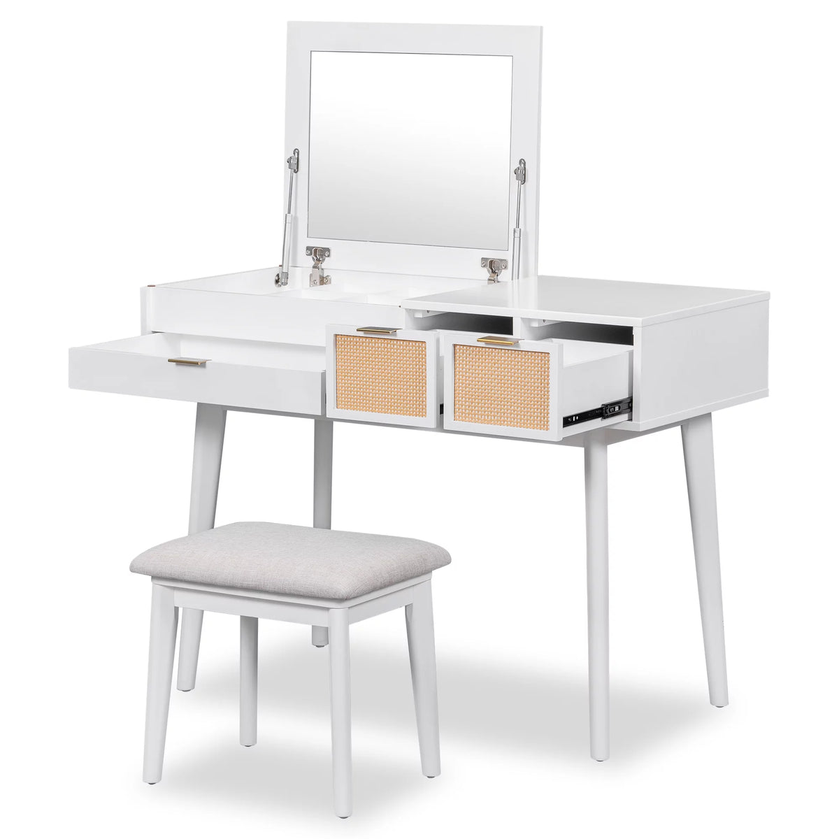 White Wood Makeup Dresser with Flip-top Mirror and Stool A61320