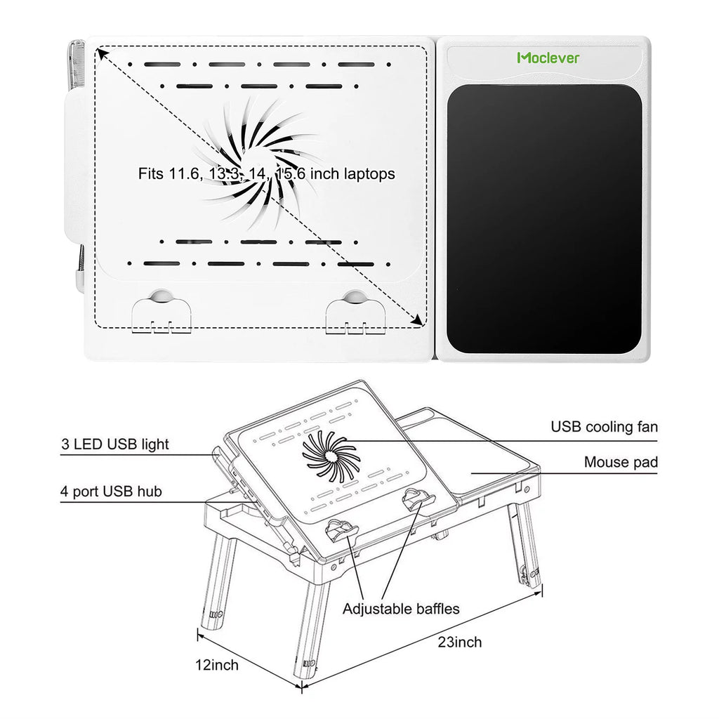 Portable Foldable Laptop Desk Bed Tray with USB Fans White D268479