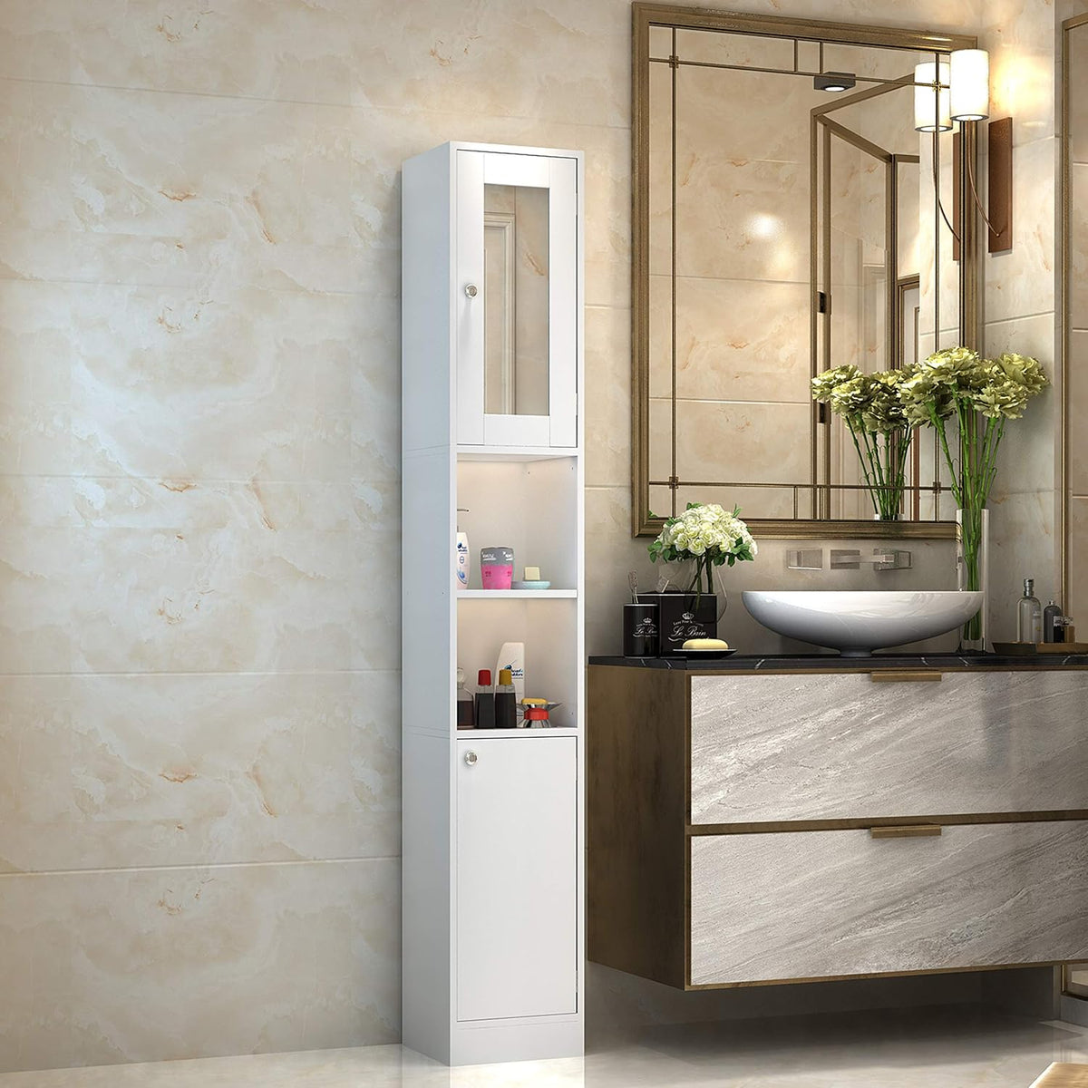 Ivory White Freestanding Bathroom Storage Cabinet with 2 Open Shelves M938224