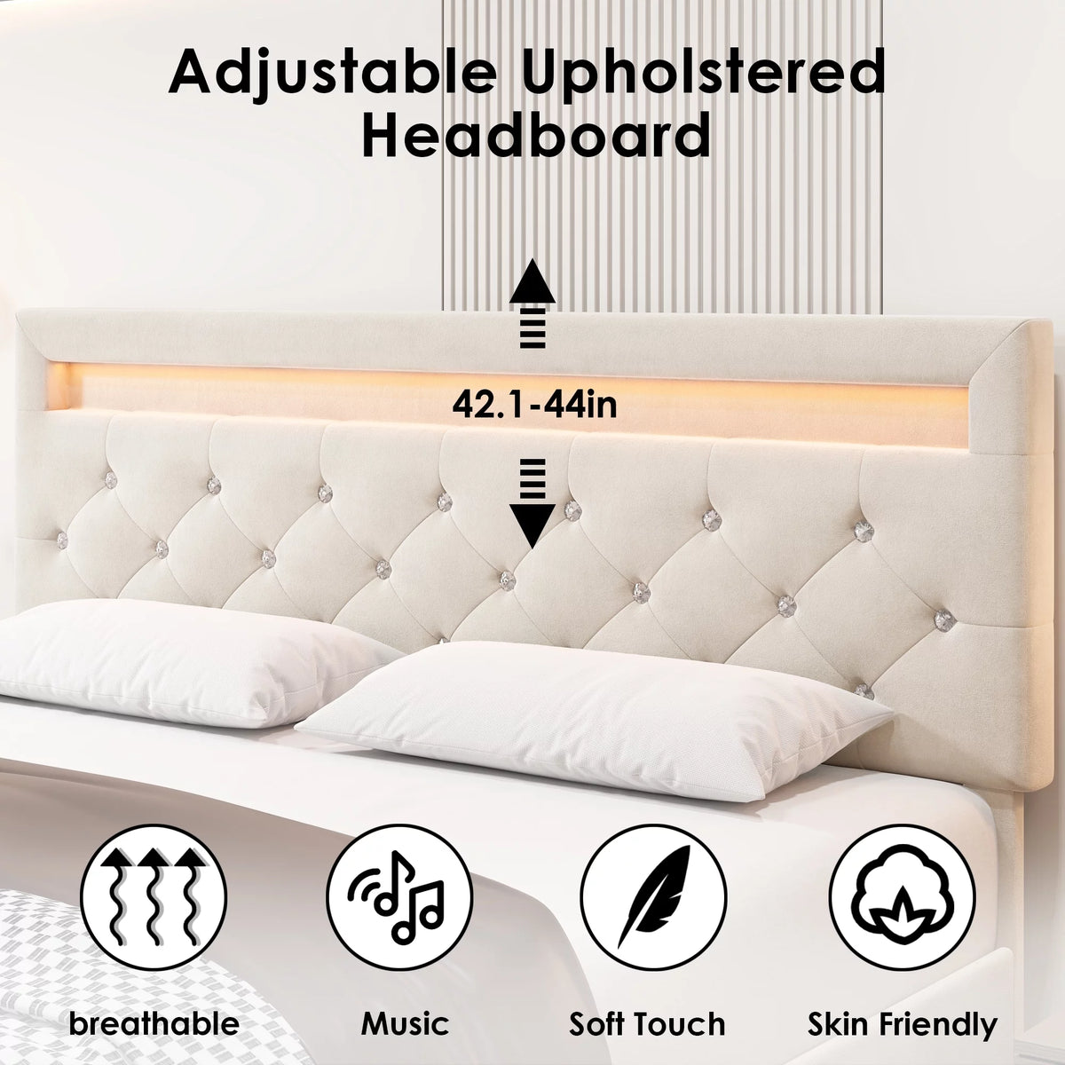 Full LED Bed Frame with 4 Storage Drawer, Upholstered Platform Bed with Adjustable Headboard, Black F7891