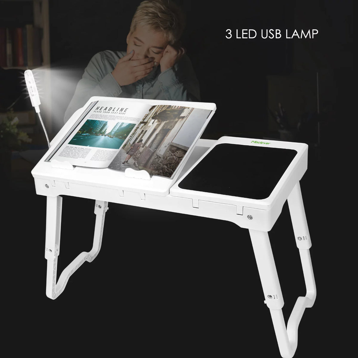 Portable Foldable Laptop Desk Bed Tray with USB Fans White D268479
