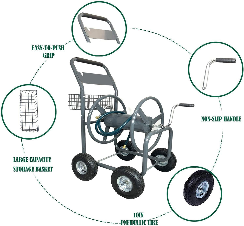 4 Wheels Portable Garden Hose Reel Cart with Storage Basket P66737