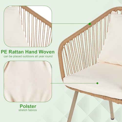 3-Piece Wicker Patio Bistro Set with 2 Chairs Coffee Table Cushions N64467