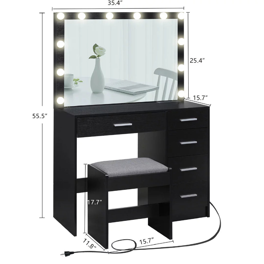 Black Makeup Vanity Table with Lighted Mirror and Stool C686