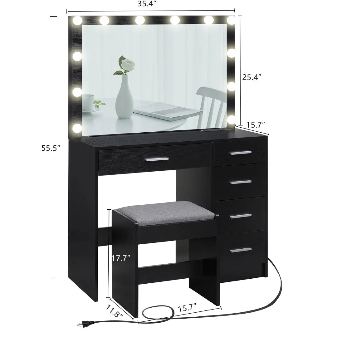 Black Makeup Vanity Table with Lighted Mirror and Stool C686