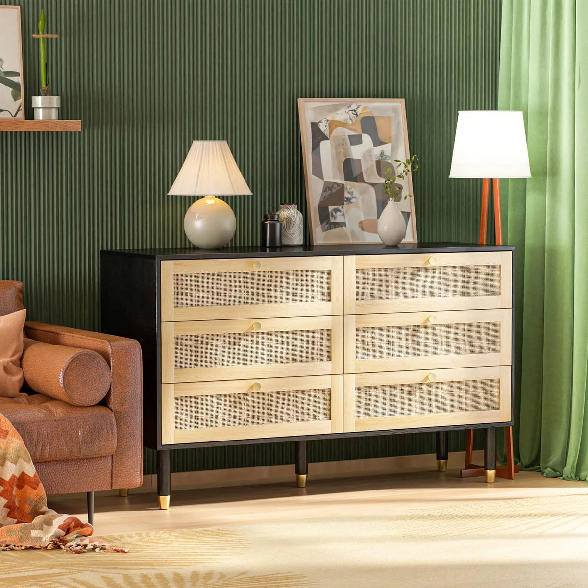 Black 6 Drawer Rattan Dresser V2960