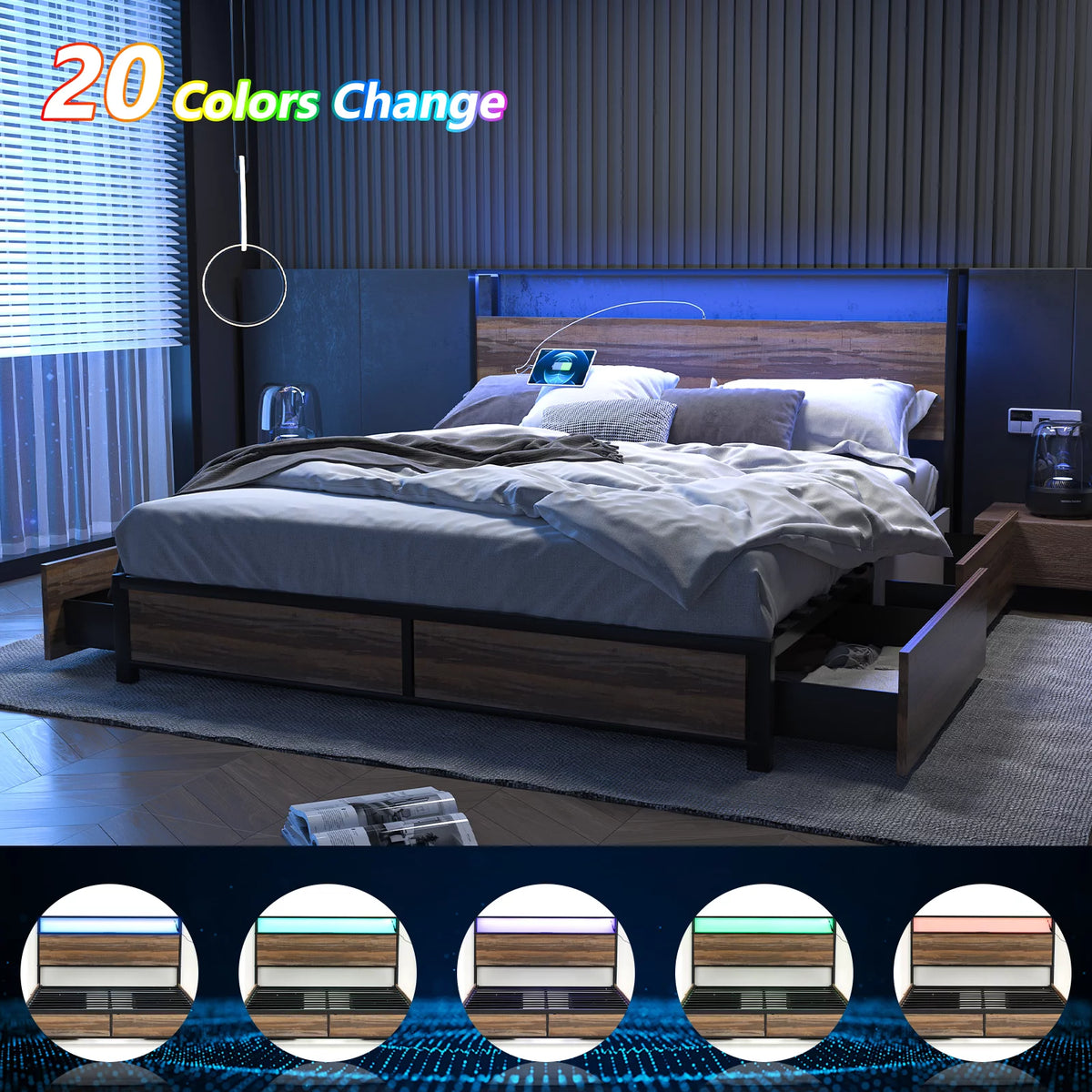 Queen Size LED Metal Bed Frame with 4 Storage Drawers and Headboard W29057