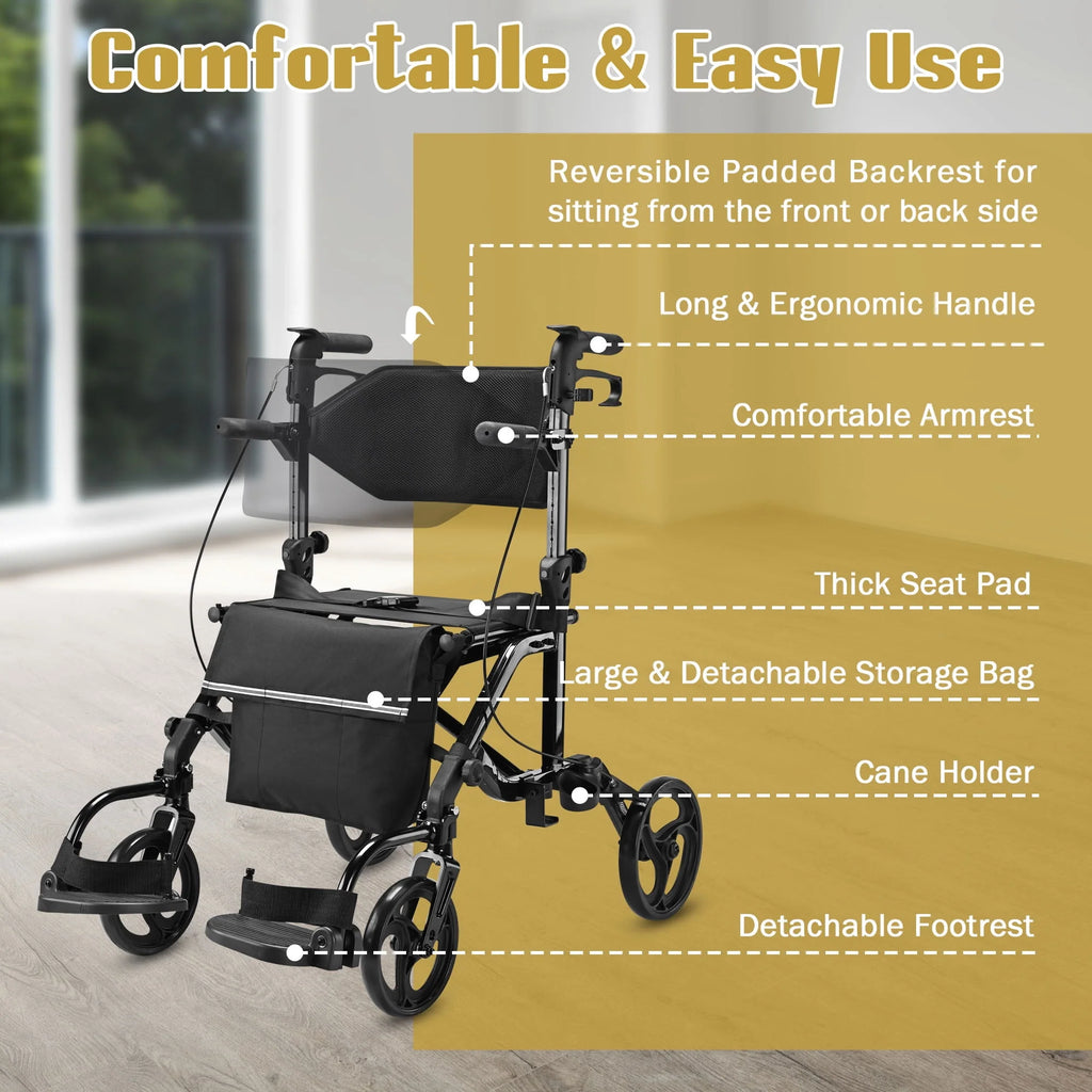 2 in 1 Rollator Walker Transport Wheelchair with Backrest Footrests Foldable Black O197