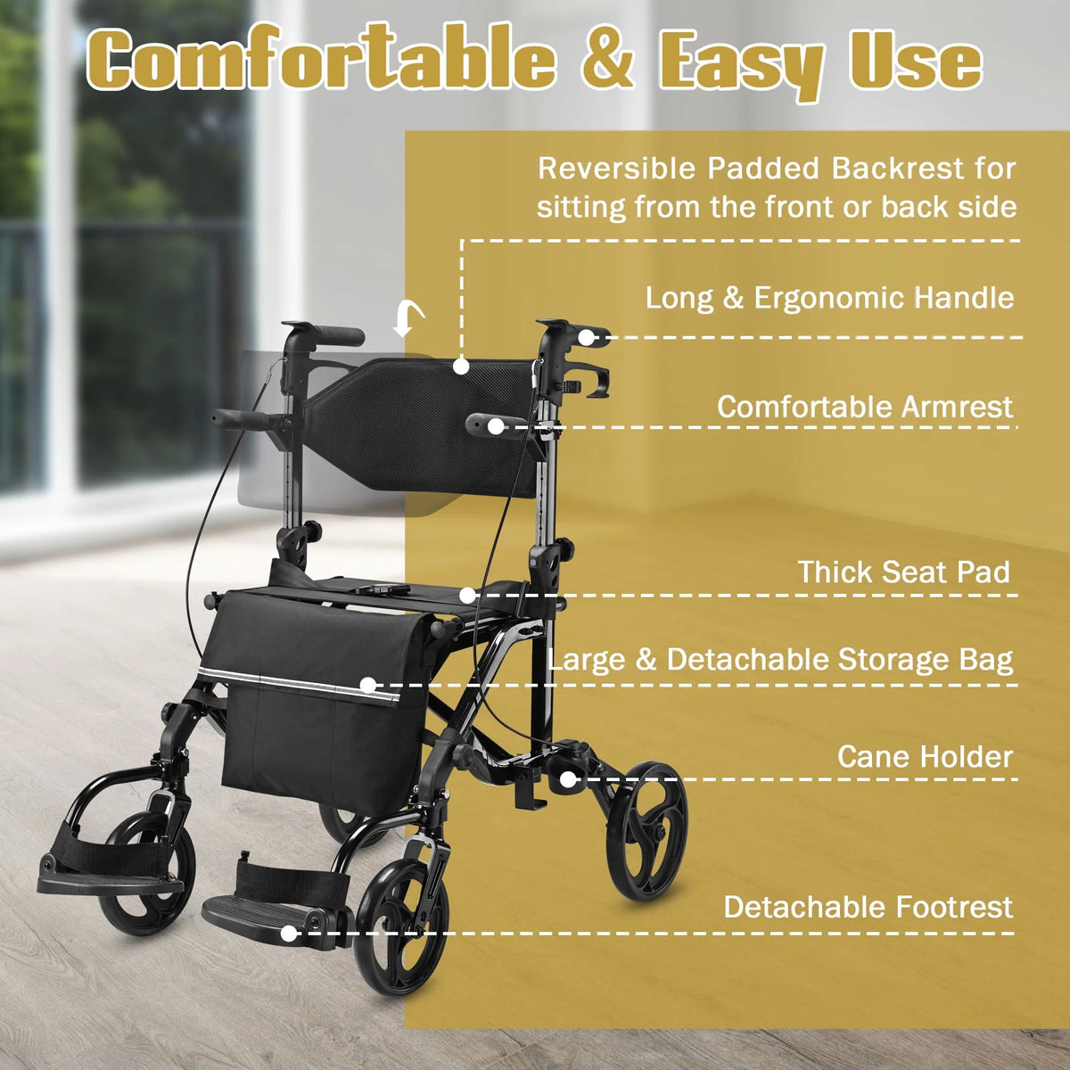 2 in 1 Rollator Walker Transport Wheelchair with Backrest Footrests Foldable Black O197