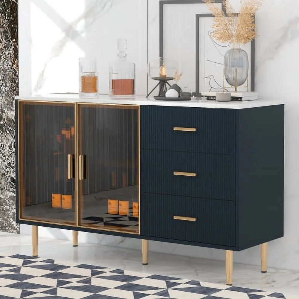 Modern MDF Buffet Cabinet with Tempered Glass Doors and Gold Metal Legs J6707