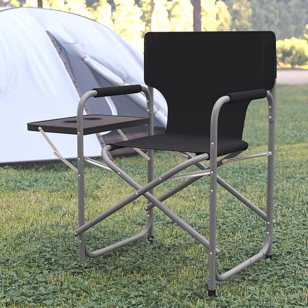 Black Folding Camping Chair with Side Table and Cup Holder W60049