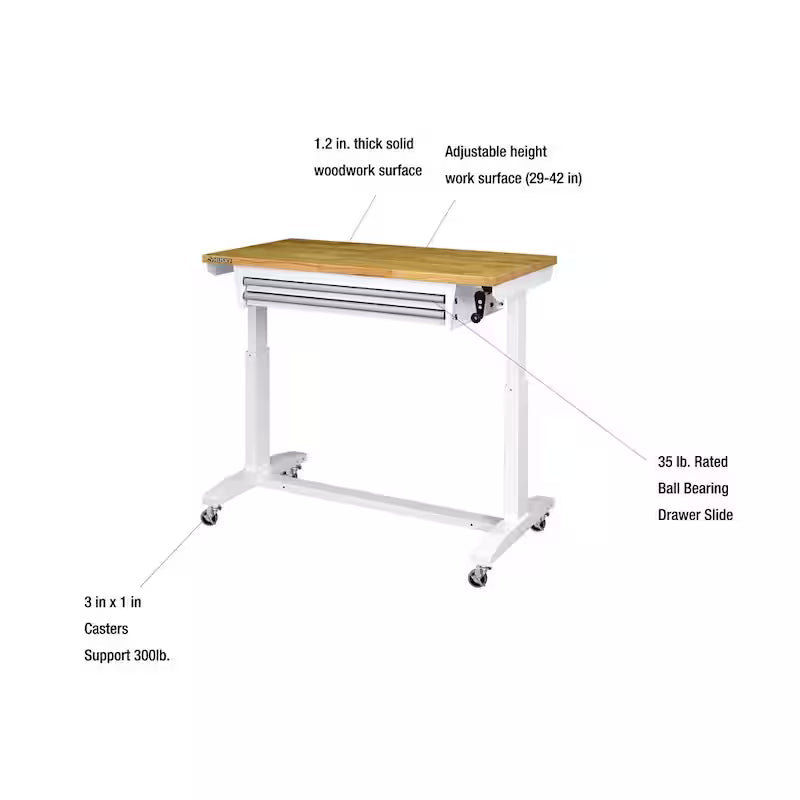 46 in. W White Adjustable Height Worktable with 2-Drawers B389