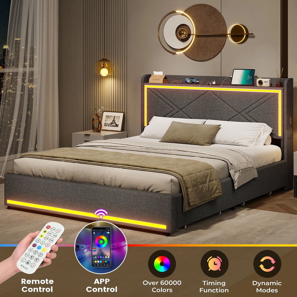 Queen Bed Frame with LED Lights Headboard and Charging Station, Upholstered Platform Bed with Storage Drawers, Dark Gray Q31804