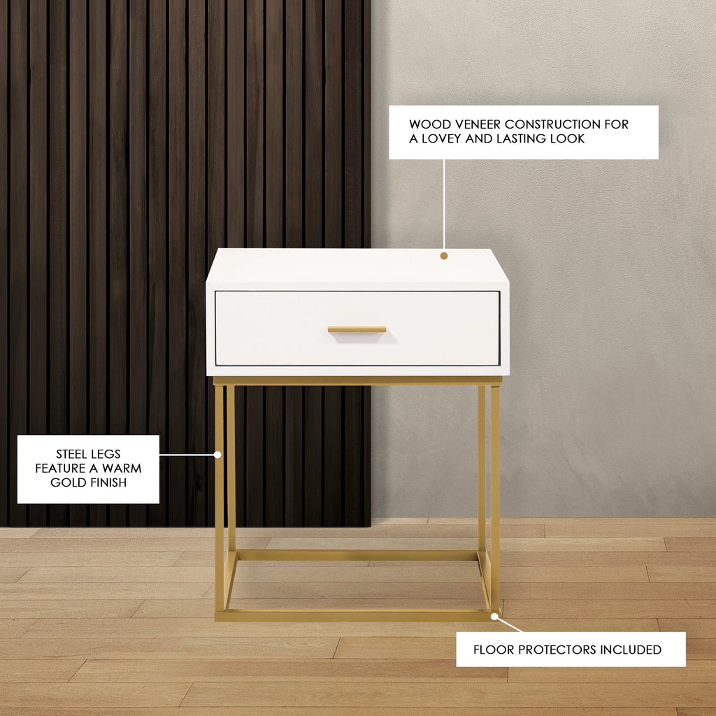 White 1-Drawer Nightstand with Gold Metal Legs M39367